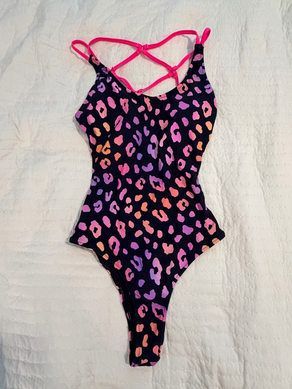Women’s One-Piece Swimsuit in Black with Pink & Purple Leopard Print